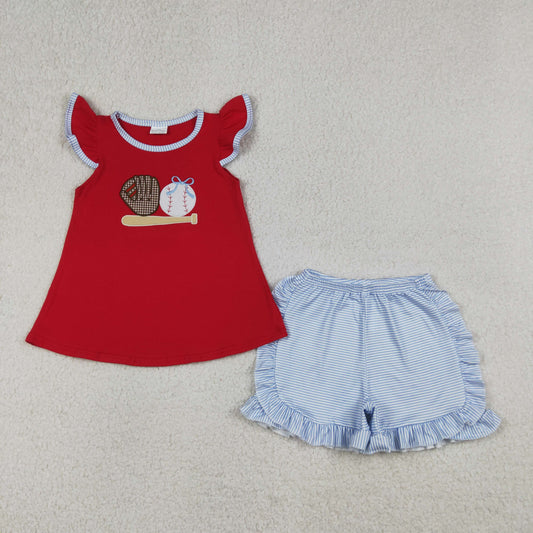 GSSO3246 Kids Embroidery Baseballs Baby Girls Tunic Stripe Ruffle Shorts Team Clothes Sets