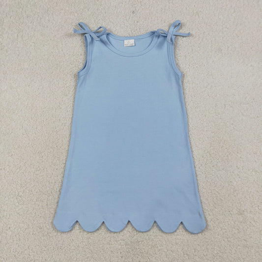 GSD3705 Kids Baby Girl Bows Sleeveless Light Blue Scallop Knee Length Dresses
