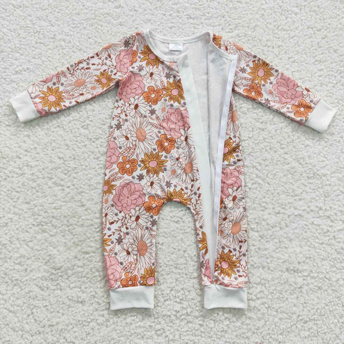 9.20 Sibling Baby Girls Orange Pink Daisy Flowers op Pants Pajamas Sets Zipper Rompers