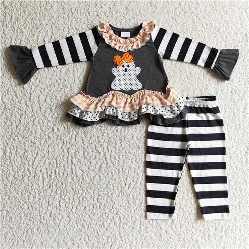 9.20 Sibling Baby Girls Black Stripe Embroidery Ghost Tunic Leggings Pants Halloween Clothes Sets Rompers