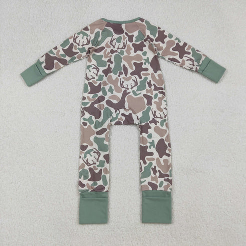 9.24 LR2582 Baby Boys Brown Deer Camo Western Zipper Footie Romper