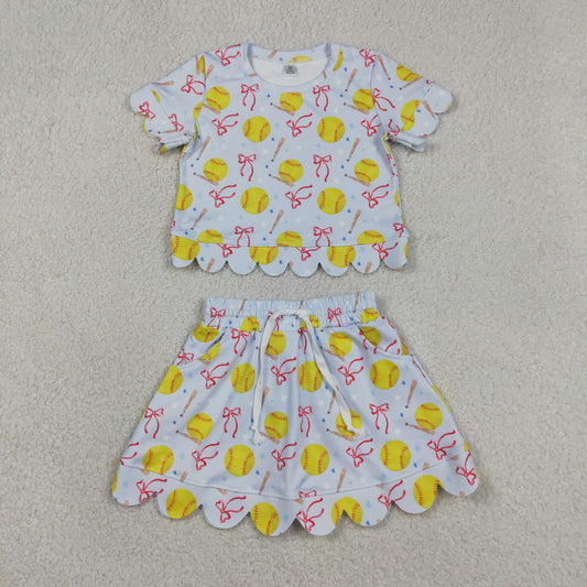 GSD3655 Kids Baby Girls Bows Softballs Top Skirt Short Team Yoga Active Clothes Sets