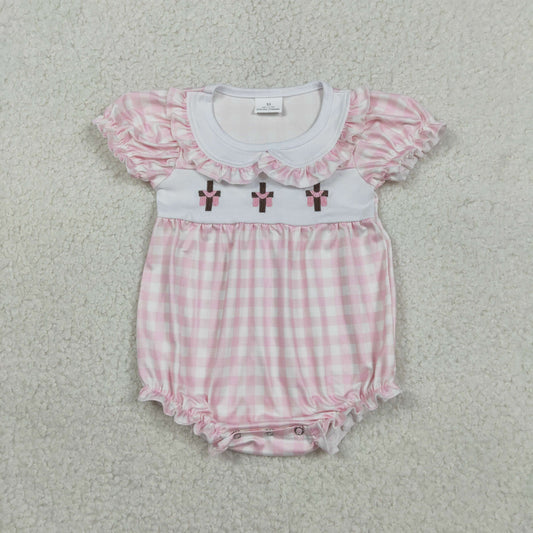 SR3756 Newborn Baby Girl Embroidery Crosses Pink Checked Easter Collar Ruffle Rompers