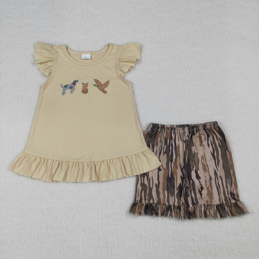 GSSO3335 Kids Embroidery Dog Ducks Deer Baby Girls Tunic Olive Camo Shorts Hunting Clothes Sets