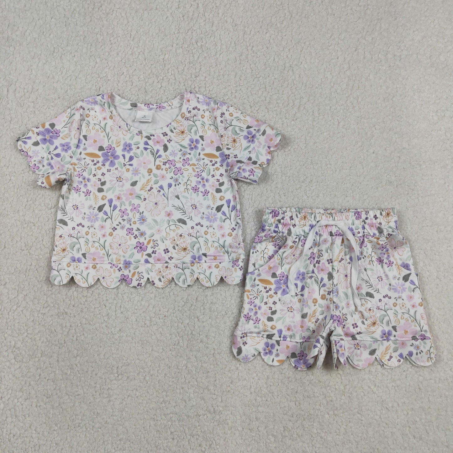 GSSO3267 Kids Baby Girls Short Sleeve Colorful Flowers Top Pockets Shorts Scallop Clothes Sets