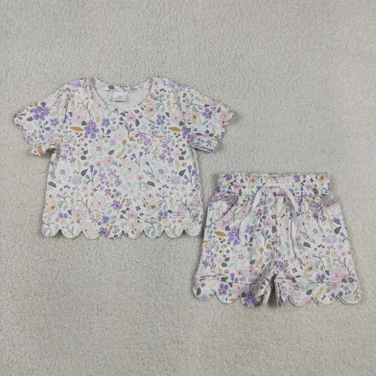 GSSO3267 Kids Baby Girls Short Sleeve Colorful Flowers Top Pockets Shorts Scallop Clothes Sets