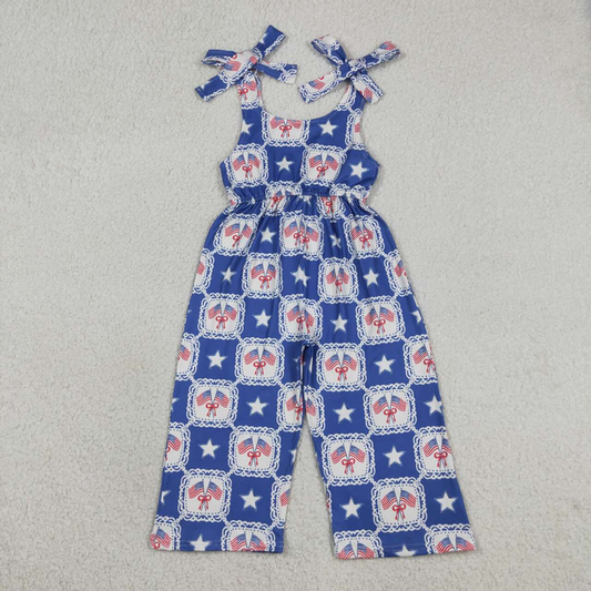 SR3875 Kids Baby Girls Strap Bows Stars Flags Checked 4th of July Pant Jumpsuits