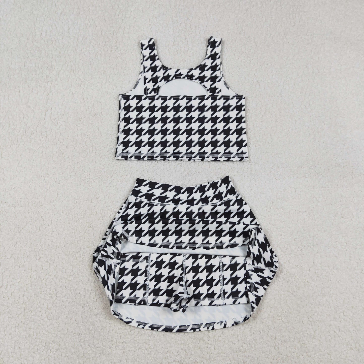 RTS NO MOQ（In Stock) GSD2858 Black and White Houndstooth Sleeveless Pants-Skirt Yoga Set