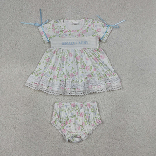 GBO0498 Kids Smocked Mama's Mini Baby Girls Flowers Tunic Bummies Clothes Sets