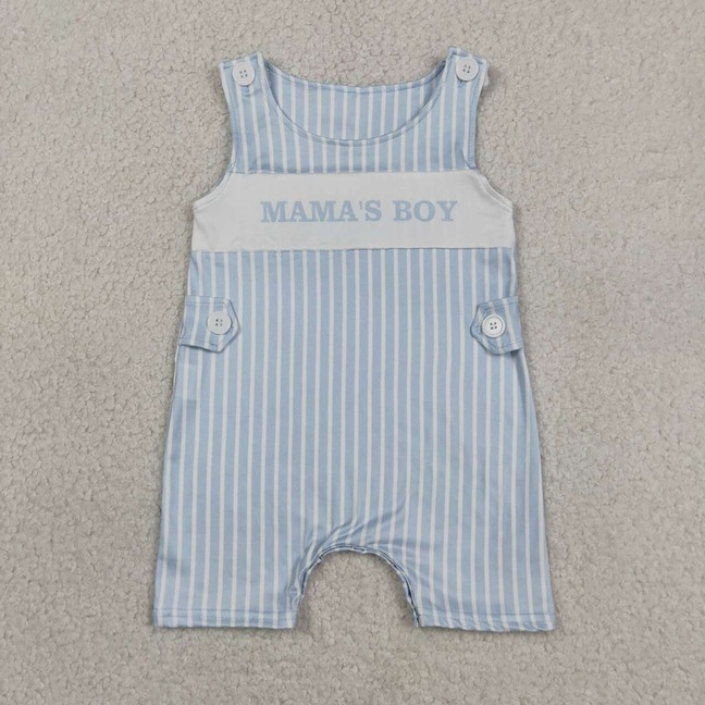 SR3972 Newborn Baby Boys Sleeveless Light Blue Stripe Mama's Boy Short Rompers