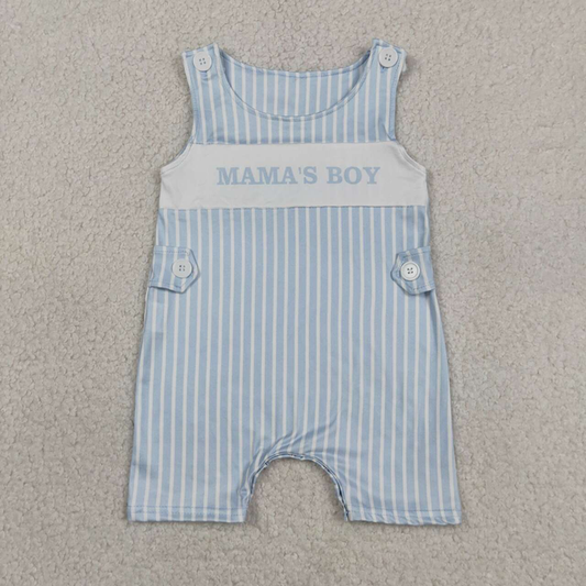 SR3972 Newborn Baby Boys Sleeveless Light Blue Stripe Mama's Boy Short Rompers