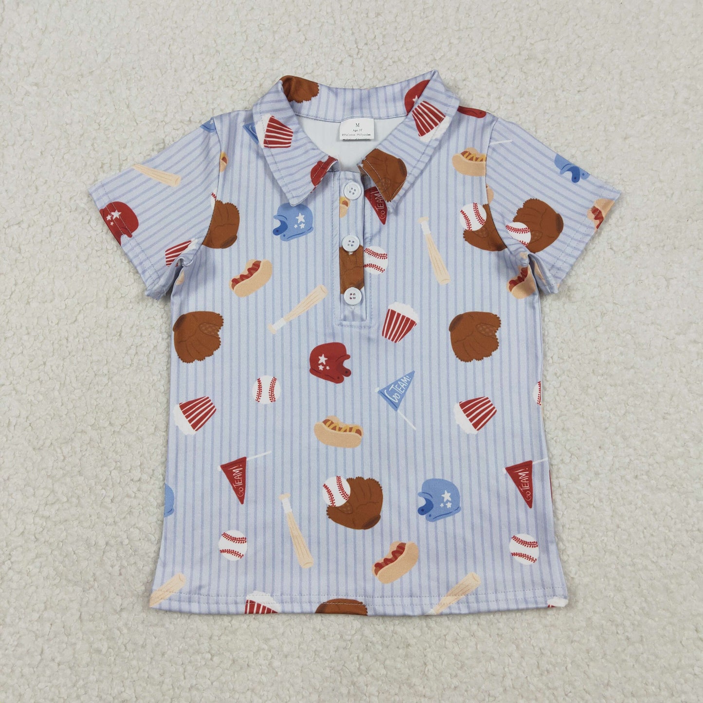 RTS NO MOQ（In Stock) Baseball Glove Vertical Striped Blue Button-Up Collar Short-Sleeved Top