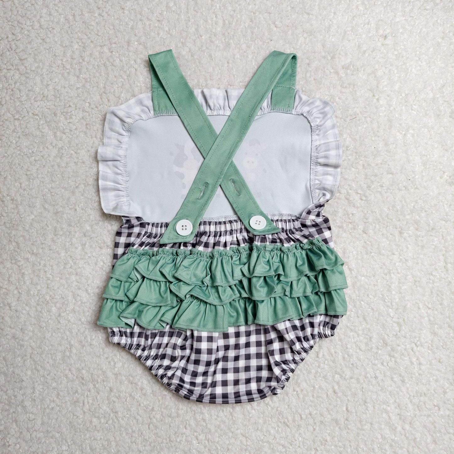 SR3866 Newborn Baby Girls Strap Farm Checked Ruffle Rompers
