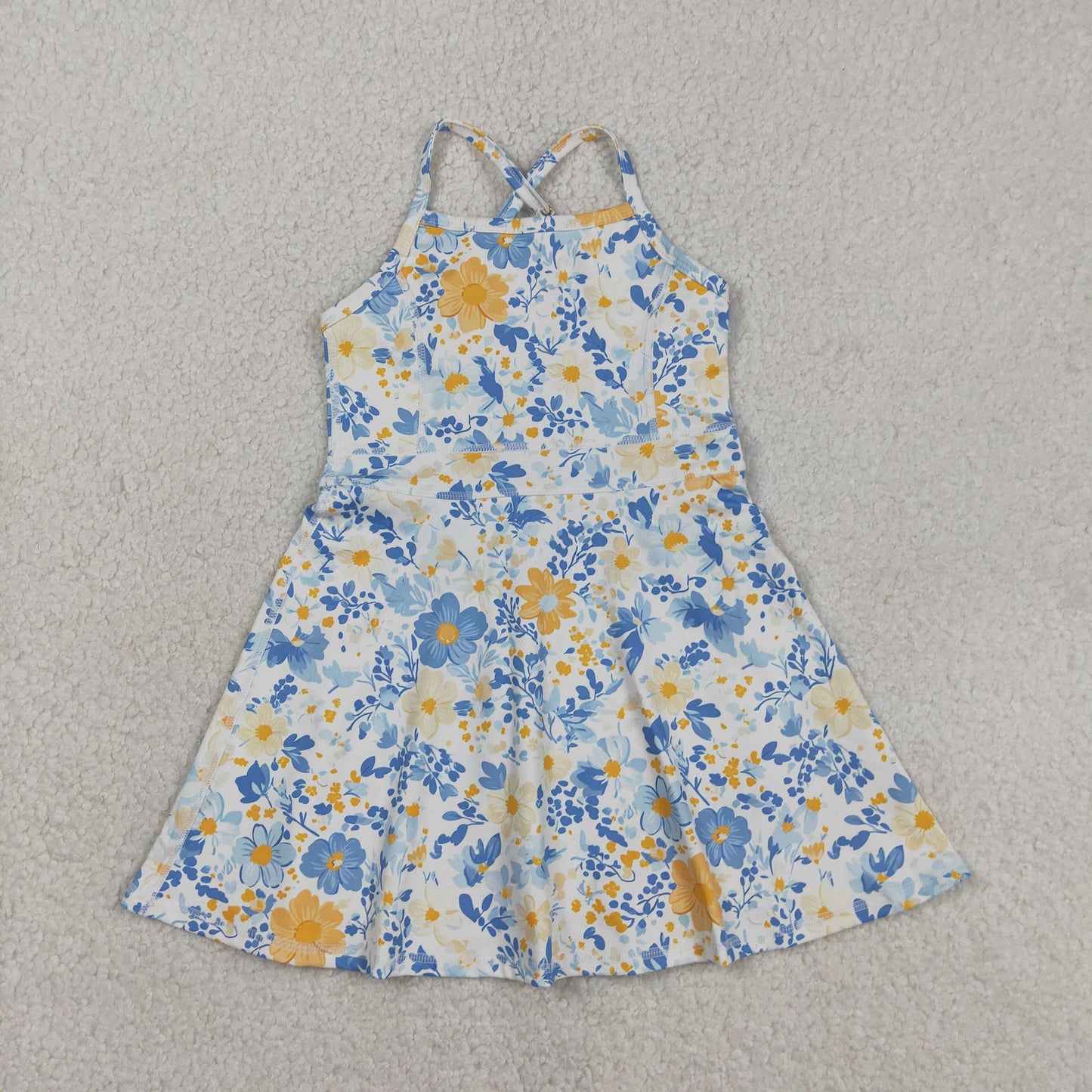GSD3565 Baby Girl Strap Colorful Flowers Yoga Active Shorts Ruffle Knee Length Dress