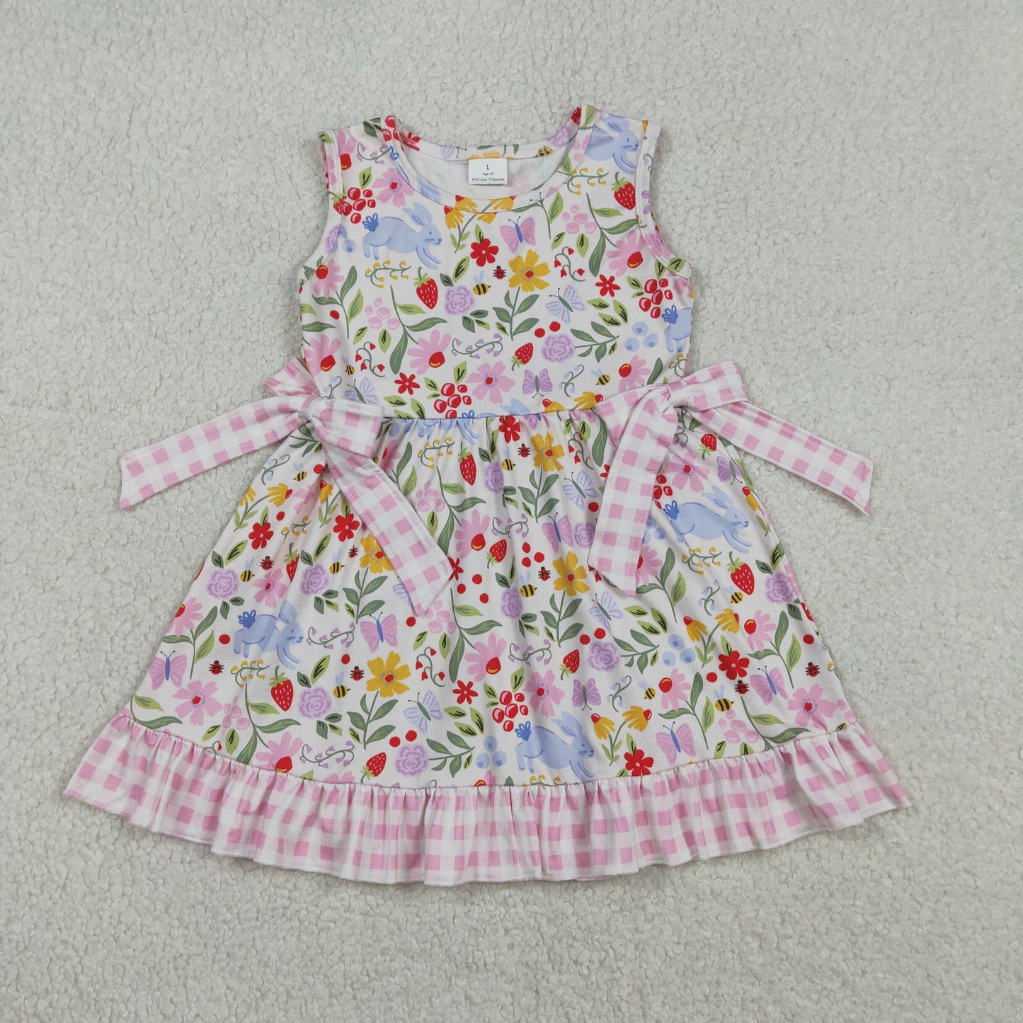 RTS NO MOQ（In Stock) GSD3405 Pink Plaid Sleeveless Dress with Rabbit, Flower, and Strawberry Pattern and Bow Pattern