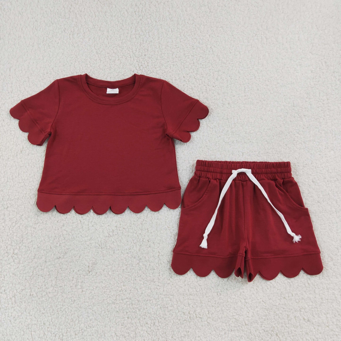 GSSO3778 Kids Baby Girls Short Sleeve Maroon Top Short Cotton Scallop Clothes Sets