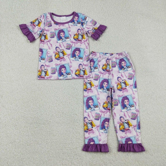 12/18m-14/16t RTS NO MOQ（In Stock) Kpop Photo Print Plaid Purple Lace-Trimmed Short-Sleeved Pajama Set with Bow Pattern