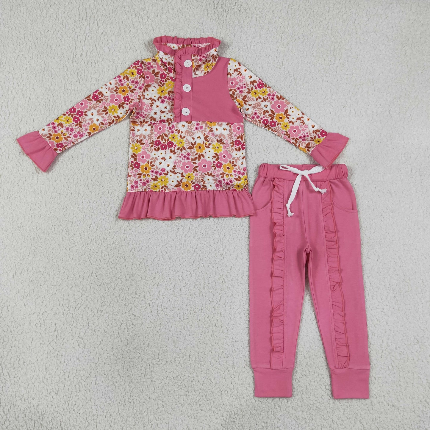 GLP3315 Kids Clothing Baby Girls Colorful Flowers Button Ruffle Pullover Top Jogger Hunting Clothes Sets