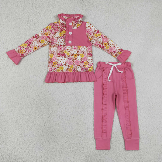 GLP3315 Kids Clothing Baby Girls Colorful Flowers Button Ruffle Pullover Top Jogger Hunting Clothes Sets