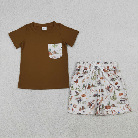 BSSO1825 Kids Baby Boy Shirt Top Horse Rodeos Cactus Pockets Short Western Clothes Sets