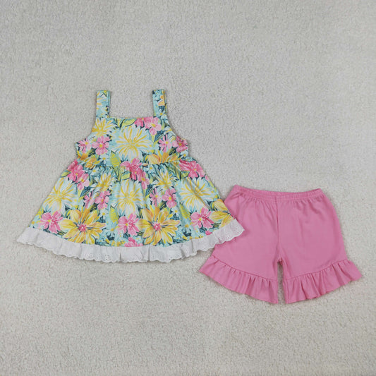 GSSO3034 Kids Baby Girls Strap Colorful Flowers Tunic Ruffle Shorts Clothes Sets