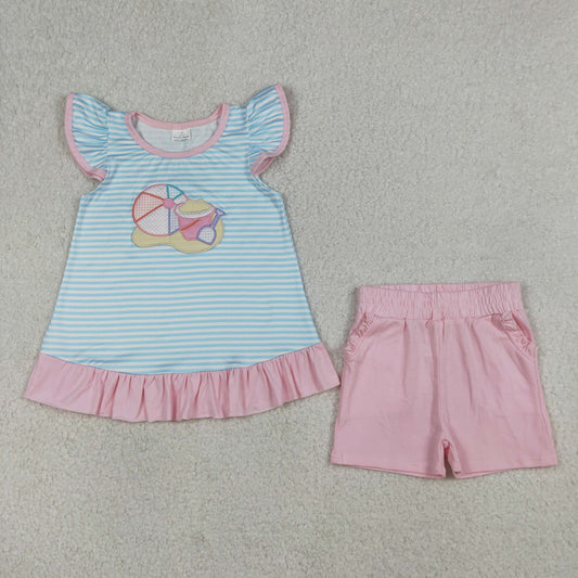 GSSO3109 Kids Embroidery Beach Baby Girls Blue Stripe Tunic Pockets Shorts Clothes Sets