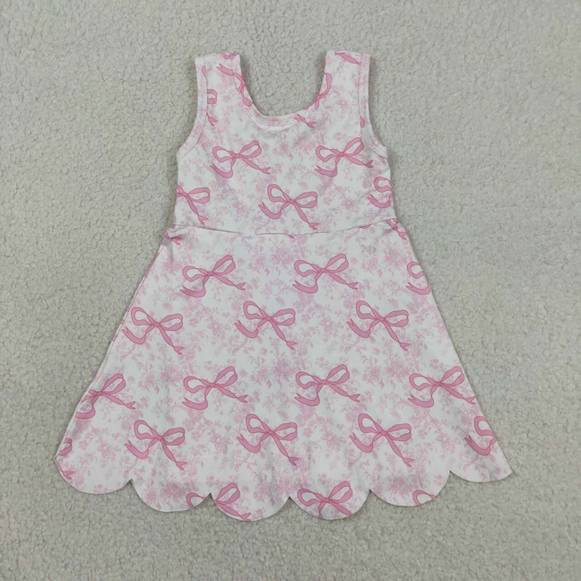 GSD2572 Kids Baby Girls Pink Bows Floral Yoga Activity Short Scallop Knee Length Dresses