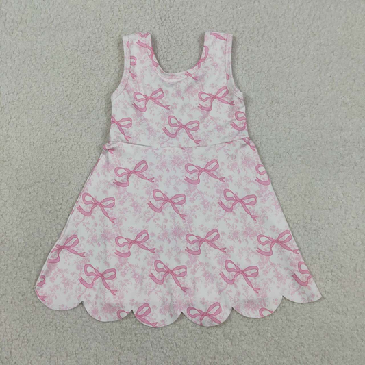 GSD2572 Kids Baby Girls Pink Bows Floral Yoga Activity Short Scallop Knee Length Dresses