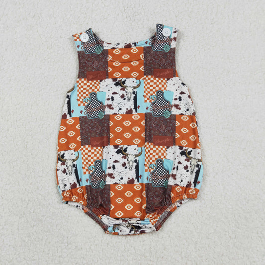 RTS NO MOQ(In Stock) SR3773 Geometric Mountain Bull Head Check Vest Onesie