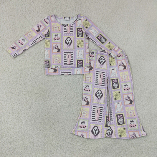 GLP3402 Kids Baby Girls Spider Ghosts Checked Shirt Flare Pant Halloween Clothes Sets