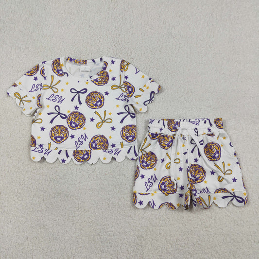 GSSO3252 Kids Baby Girl Short Sleeve Star Bows AU Top Scallop Shorts Team Clothes Sets