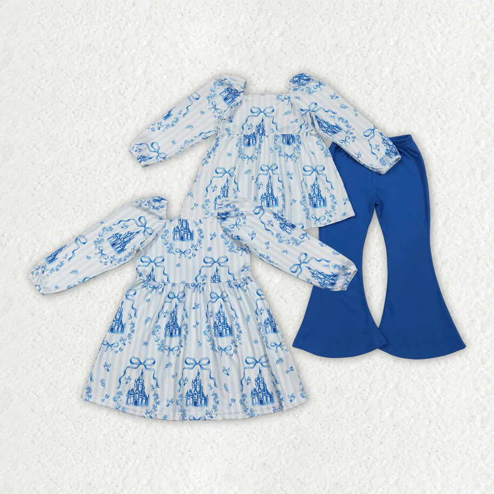 Sibling Baby Girls clothes bow blue long sleeve pants Clothes Sets and dress