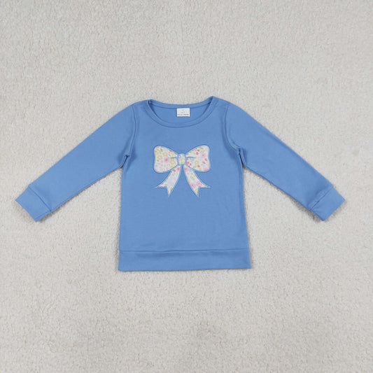 RTS NO MOQ(In Stock) GT1538 Embroidered floral print and bow pattern blue long-sleeved top