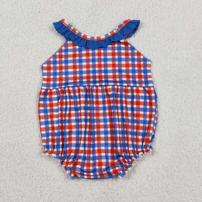 SR3835 Newborn Embroidery Cow Pig House Baby Girls Red Blue Checked Farm Ruffle Rompers