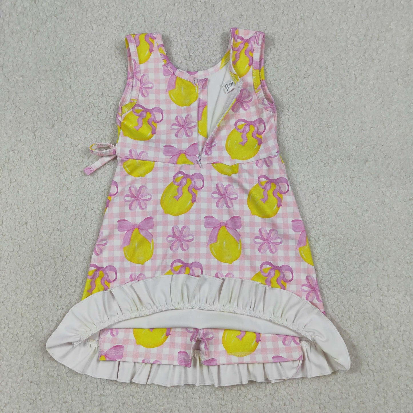 GSD3683 Kids Baby Girls Pink Checked Bows Lemons Yoga Active Shorts Ruffle Knee Length Dress