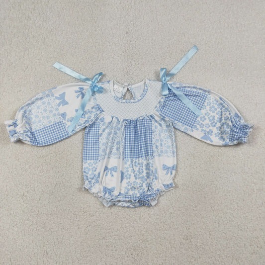 LR2931 Newborn Smocked Checked Baby Girl Blue Bows Flowers Ruffle Rompers