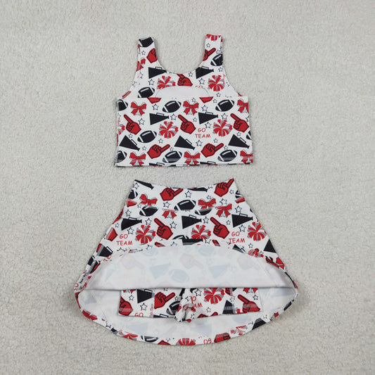 GSD2693 Kids Baby Girl Team Red Football Bows Vest Top Short Skirts Yoga Sets