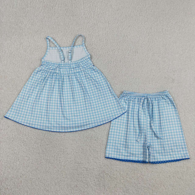 GSSO3418 Kids Baby Girls Strap Blue Checked Tunic Short Clothes Sets