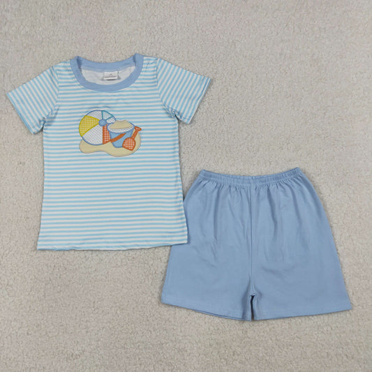 BSSO1834 Kids Embroidery Beach Baby Boys Blue Stripe Top Shorts Clothes Sets