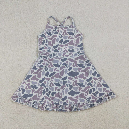 GSD2308 Kids Baby Girl Strap Southern Light Gray Camo Yoga Active Shorts Ruffle Knee Length Dresses