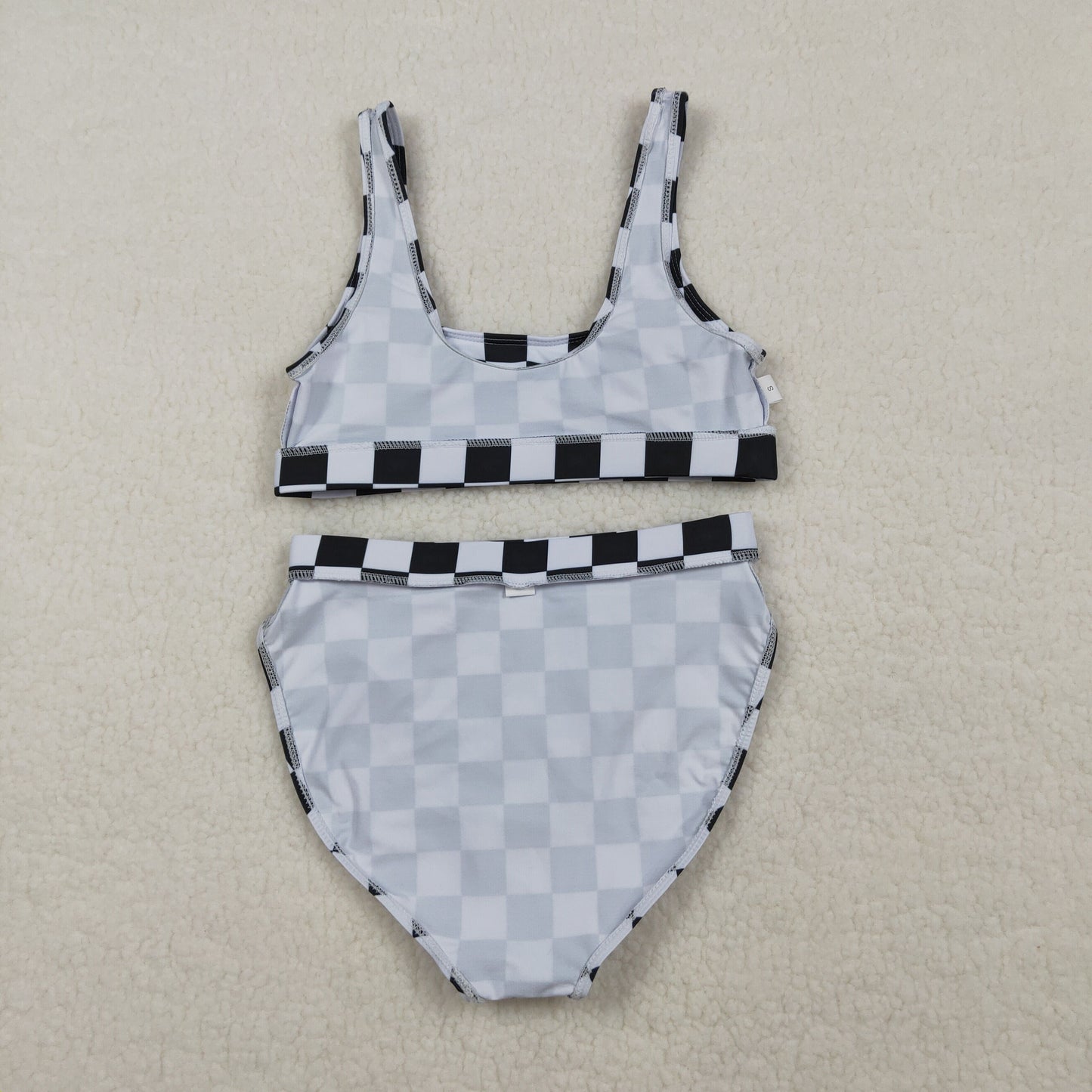 S0738 Adult Women Black Checkered Bra Top Bummies Bottom Swimsuits Sets
