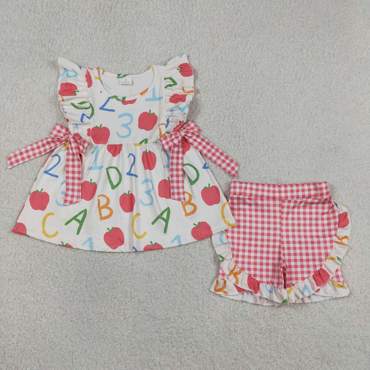 GSSO3258 Kids Baby Girls Apples ABC Tunic Checked Ruffle Shorts Back to School Sets