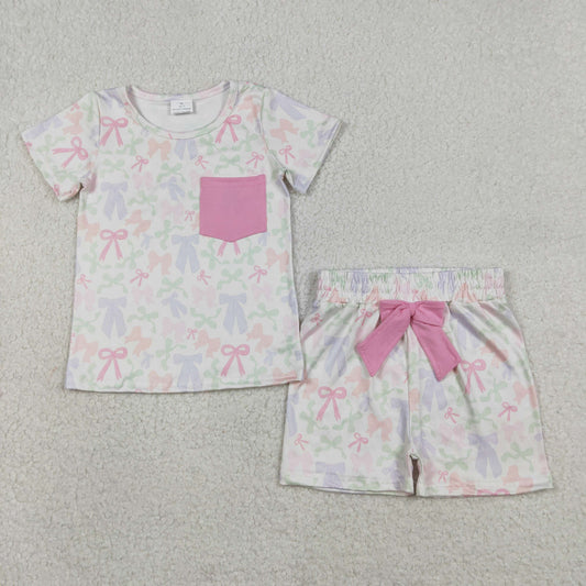 RTS NO MOQ(In Stock) GSSO2990 Pocket Colorful Bow Pattern Beige Short-Sleeve and Shorts Set