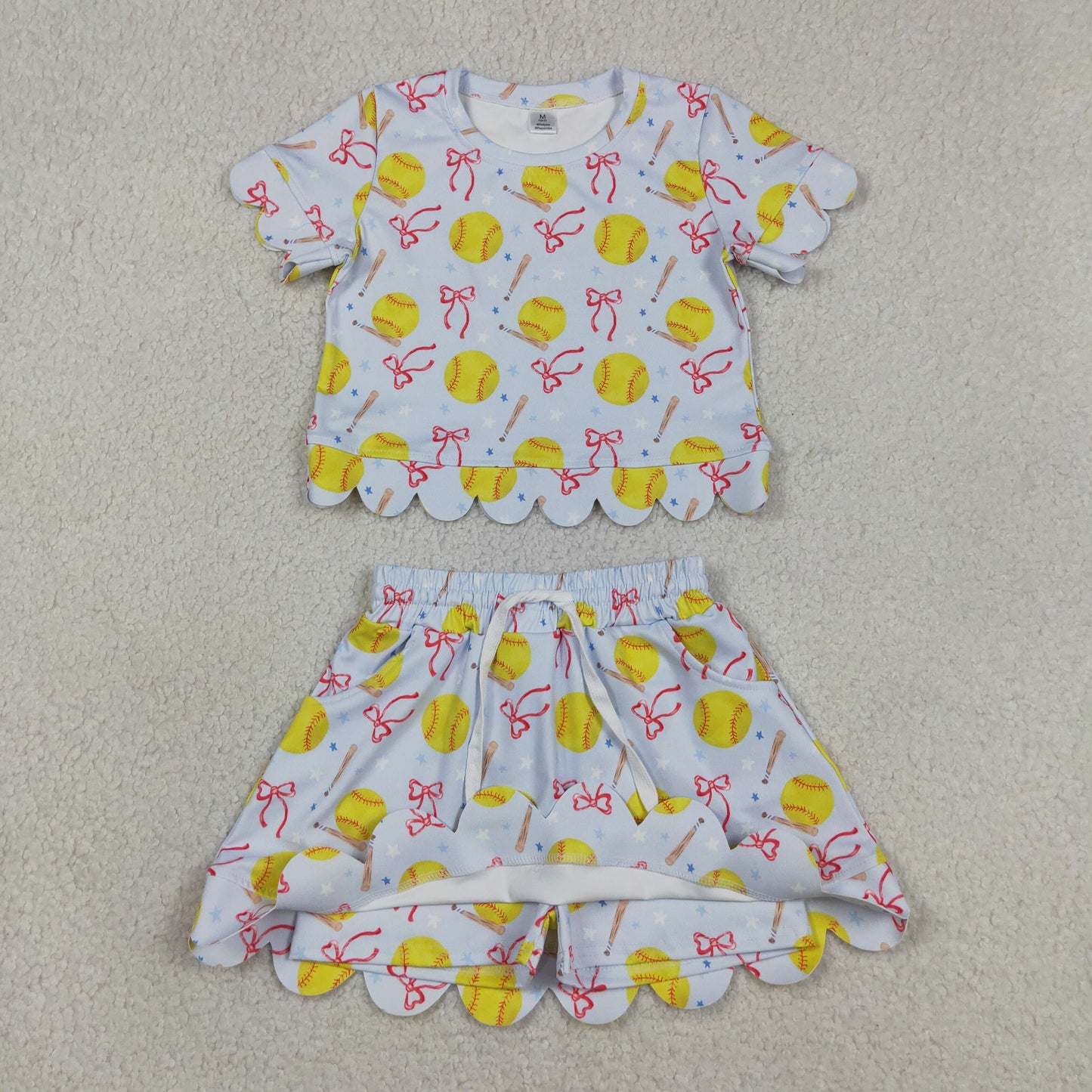 GSD3655 Kids Baby Girls Bows Softballs Top Skirt Short Team Yoga Active Clothes Sets