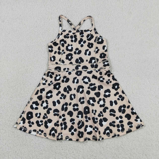 GSD2650 Kids Baby Girls Strap Leopard Shorts Yoga Active Knee Length Dresses