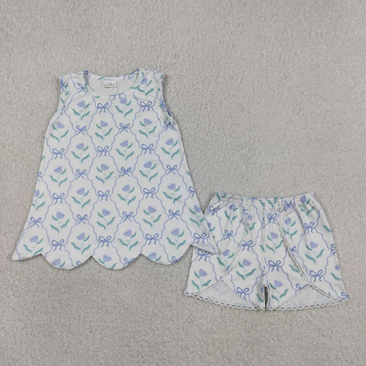 GSSO3426 Kids Baby Girls Blue Bow Flowers Checked Scallop Tunic Shorts Clothes Set