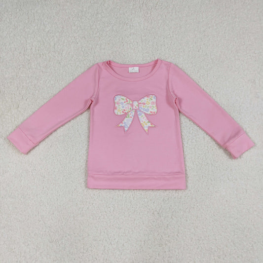 RTS NO MOQ(In Stock) GT1537 Embroidered Floral Print Pink Long-Sleeved Top with Bow Pattern