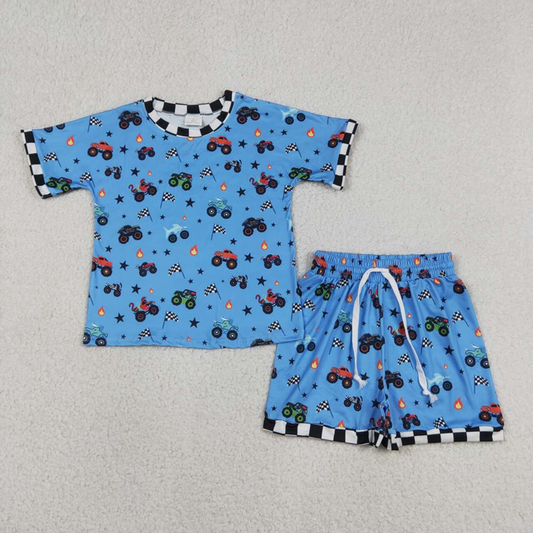 BSSO1641 Kids Baby Boys Blue Motors Cars Flags Top Shorts 4th of July Clothes Sets