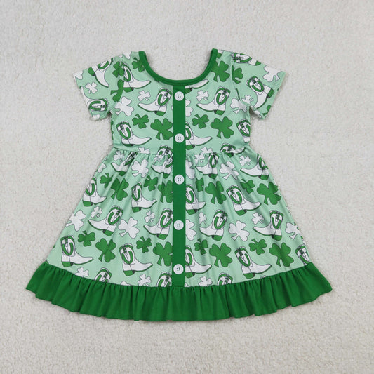 RTS NO MOQ（In Stock) GSD3404 Boots Four-Leaf Clover Green Lace Button Short-Sleeve Dress