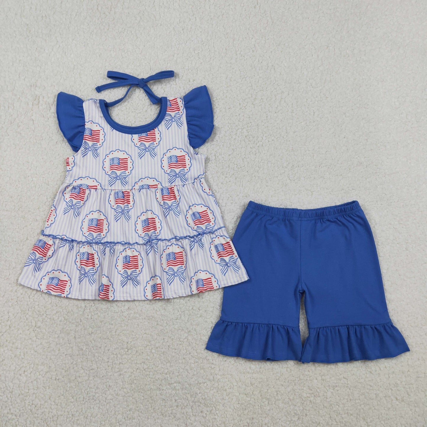 GSSO3296Kids Baby Girl Blue Stripe Bows Flags Tunic Ruffle Short 4th of July Clothes Sets